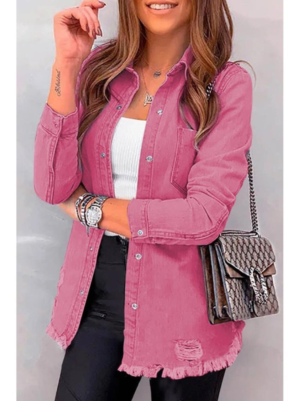 Women's Oversized Denim Jacket Long Sleeve Denim Shirts Jean Jacket A1 Rose - Picture 2 of 4